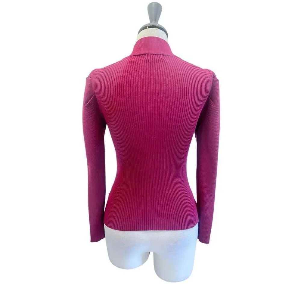 TAHARI Women's High Neck Ribbed Knit Puffed Long Sleeve Sweater Purple Size XS